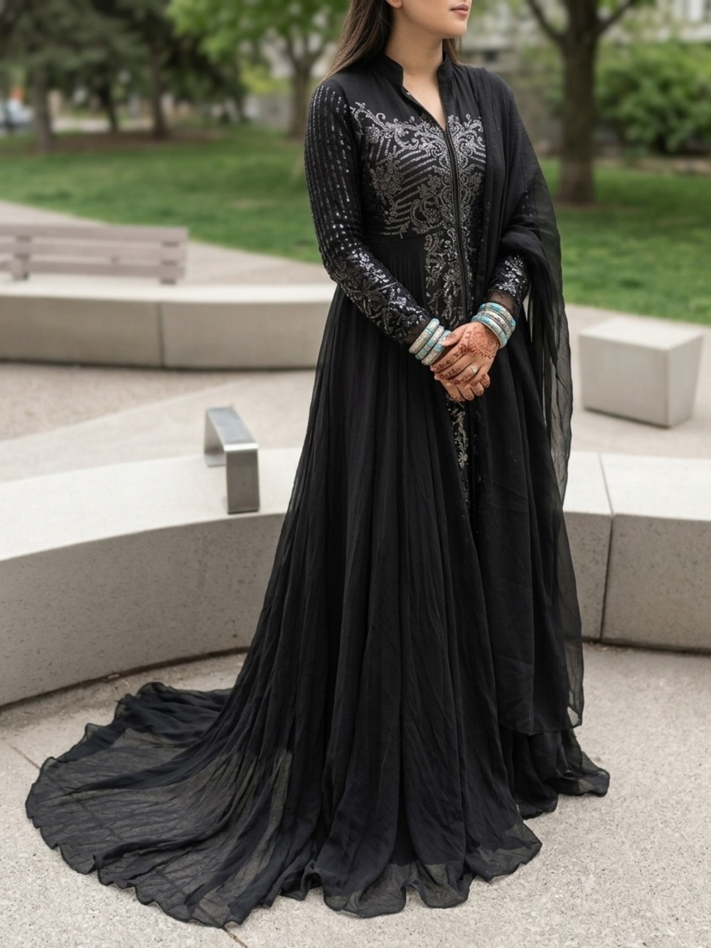 Black Sequin Embroidered Women’s Anarkali Dress - With Train